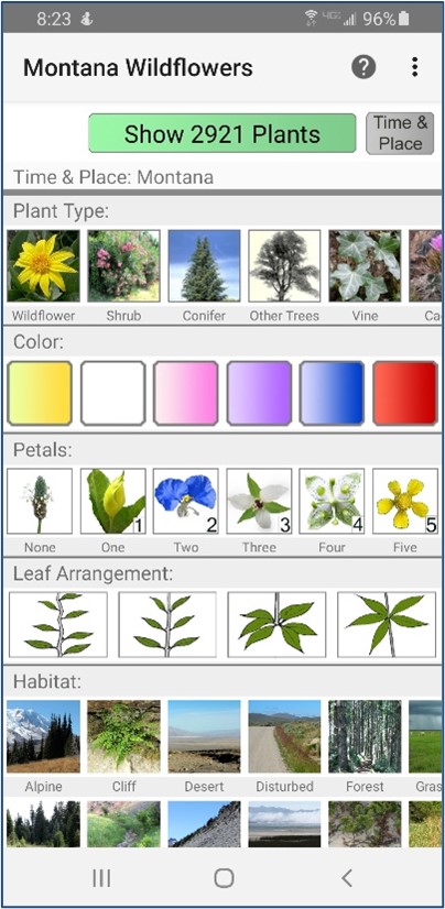 Screenshot of smartphone app that includes 5 rows of search criteria regarding different features of plants.